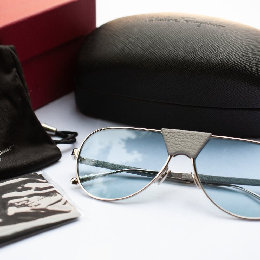 Blue Silver Salvatore Ferragamo Leather Aviator Sunglasses SF220SL GUCCI